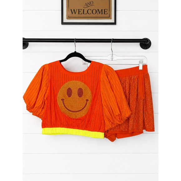 QUEEN OF SPARKLES Dresses & Skirts - NWT Queen Of Sparkles Orange Rhinestone Smiley Face 2 Piece Set -MSRP: $162 - S